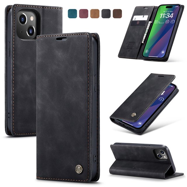 CaseMe Leather for iPhone 15 Case, Flip Wallet Leather Case with Card Holder Magnetic Closure Shockproof Kickstand Protective Phone Cases Cover for iPhone 15,Black,For iPhone 15