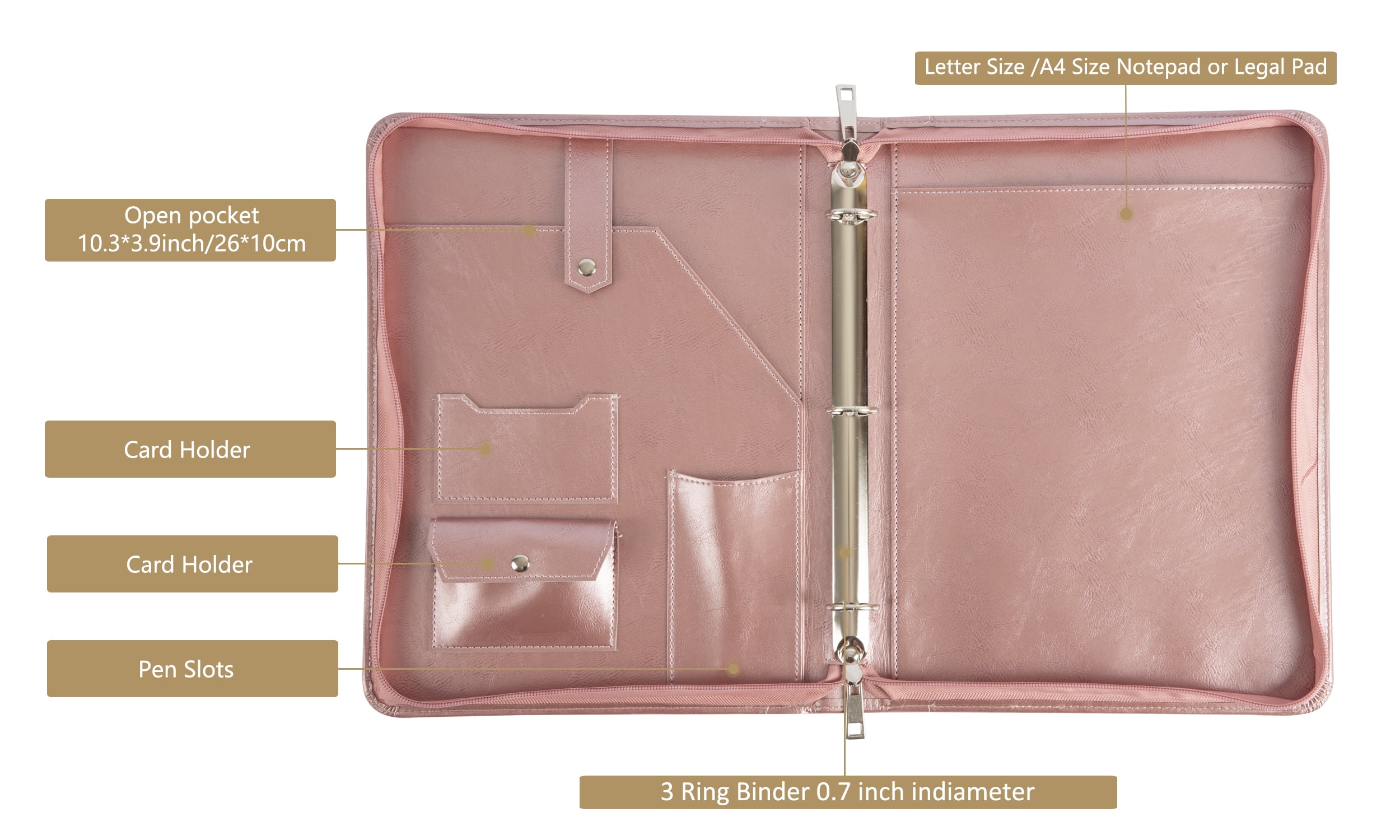 LeatherBelief Vegan Leather Portfolio, Rose, 3-Ring Binder with Zippered Closure, 12.5 x 10 x 1.6 inches