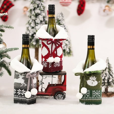 

Faux Fur Collar Christmas Wine Bottle Cover Tear Resistant Knitted Fabric Festive Ambience Wine Bottle Dress-up for Rest