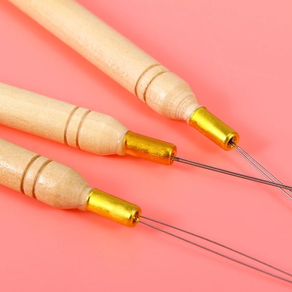 PAMINGONO 15Set Micro Ring Hair Extension Needle With Wooden Handle For Barbers Hair Diy Projects