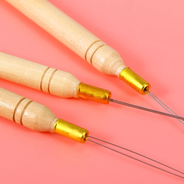 PAMINGONO 15Set Micro Ring Hair Extension Needle With Wooden Handle For Barbers Hair Diy Projects
