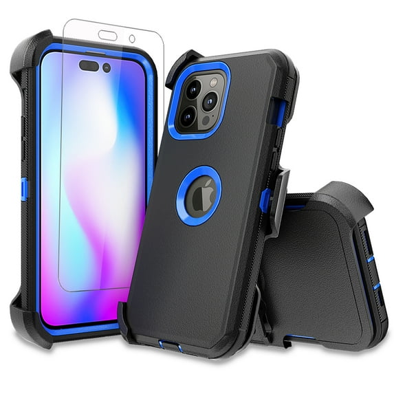 NIFFPD iPhone 14 Pro Max Case with Screen Protector + Belt-Clip Holster, Heavy Duty Hard Shockproof Phone Case for iPhone 14 Pro Max 6.7" Black+Dark Blue