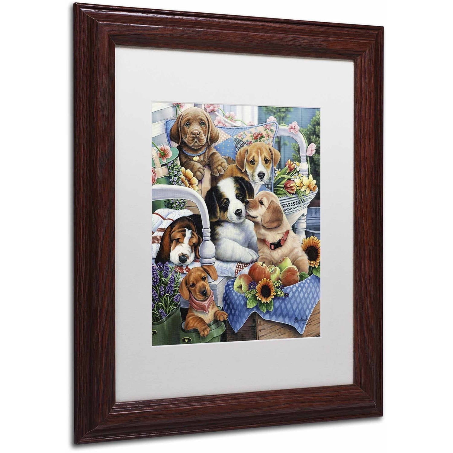 Trademark Fine Art 'Country Pups' Canvas Art by Jenny Newland, White Matte, Wood Frame