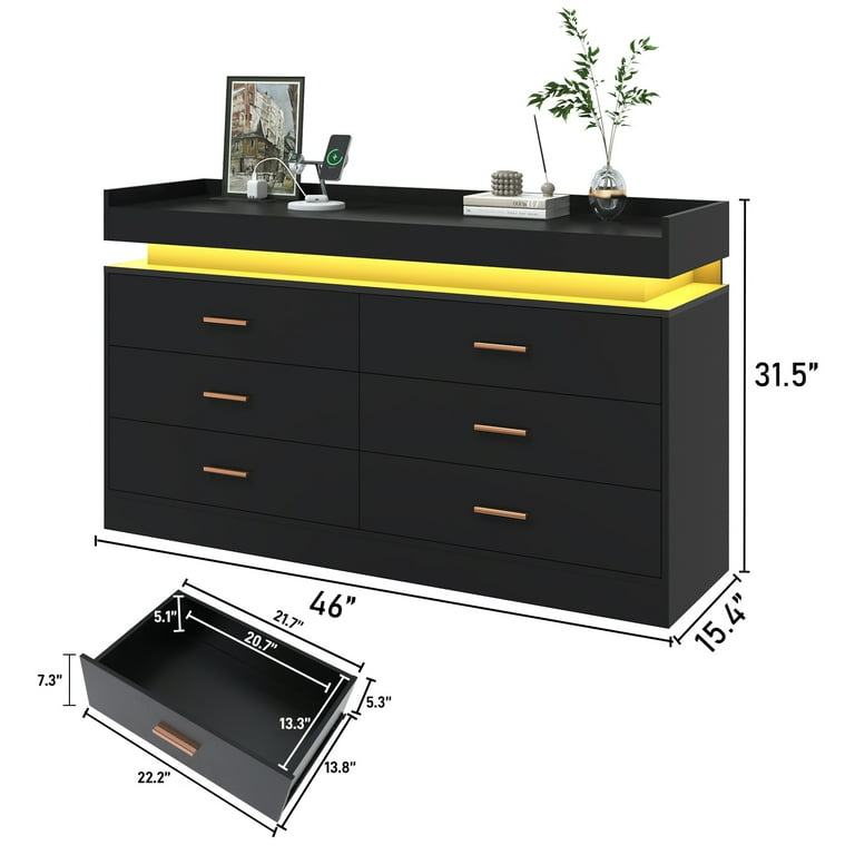Chvans 6 drawer Black Wood Dresser with LED Light and Charging Station, Modern Metal Handles, for Bedroom Living Room Entryway Chvans 6 drawer Black Wood Dresser with LED Light and Charging Station, Modern Metal Handles, for Bedroom Living Room Entryway