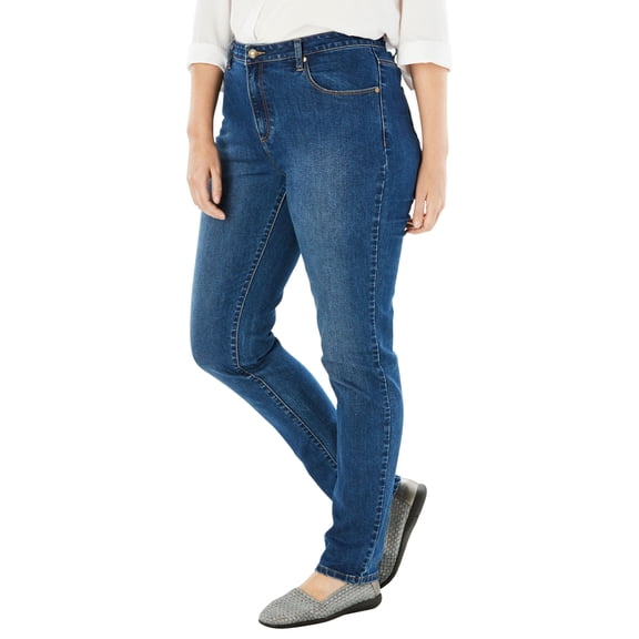 Woman Within Plus Size Petite Straight-Leg Stretch Comfort Denim Five-Pocket Jeans
