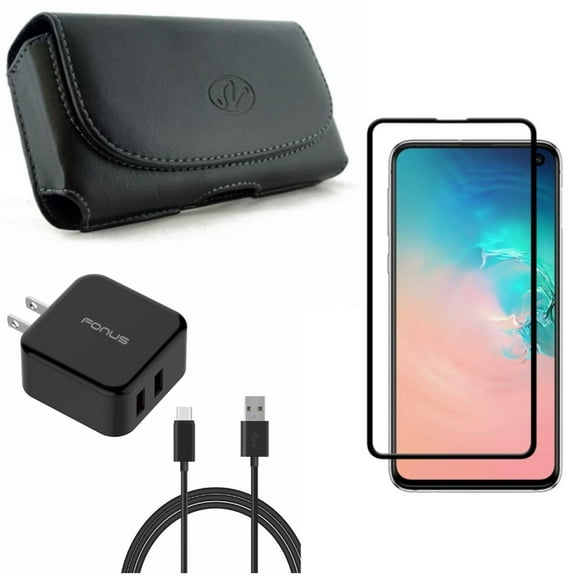 Galaxy S10e Screen Protector w Case Belt Clip w Quick Home Charger - Tempered Glass 5D Curved Edge, Leather Holster Cover, 30W 6ft USB Cable 2-Port USB for Samsung Galaxy S10e Phone
