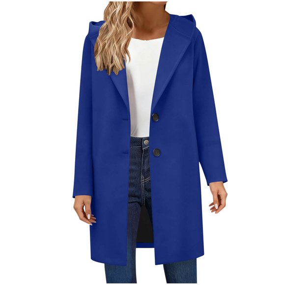 aohooy Pea Coats for Women Wool Trench Coat Women Single Breasted Notch Lapel Collar Peacoat Winter Long Jackets Dark Blue,S