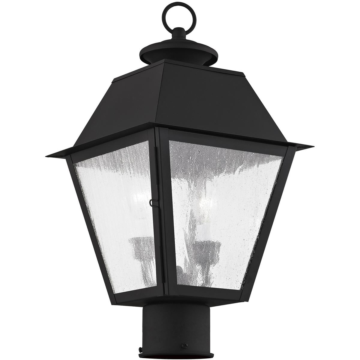 9 inch 2 Light Black Outdoor Post Lantern Pendant Lighting Fixture with Seeded Glass Shade backed with Hand Crafted Solid Brass material for patio, front porch, entryway and more