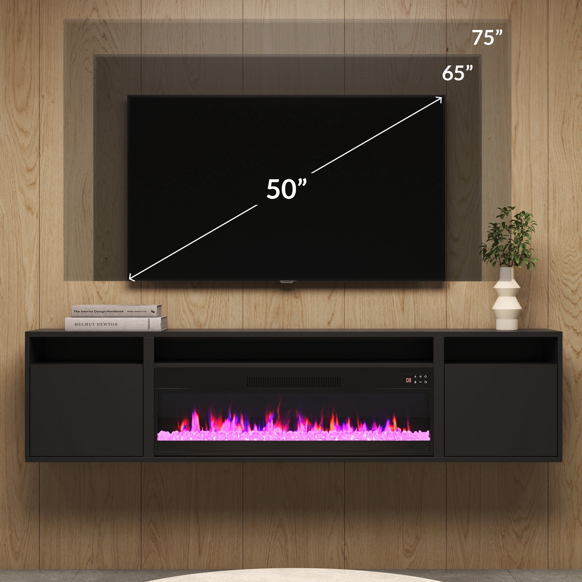 BELLEZE Floating Fireplace TV Stand Wall Mounted with 36" Electric Fireplace Heater, 70" LED Entertainment Center with Storage for TVs up to 75", Modern Media Console TV Shelf For Living Room (Black)