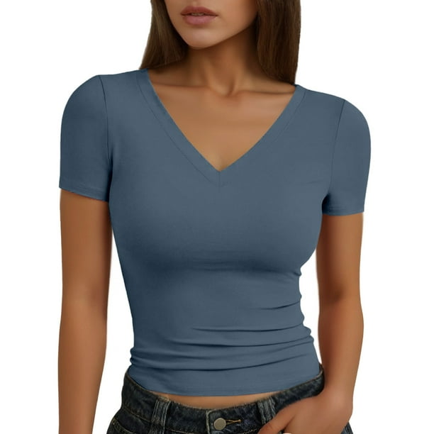 Camiseta de manga corta y cuello en V lisa para mujer, poliéster y spandex, estilo informal y sexy, tallas S-XL