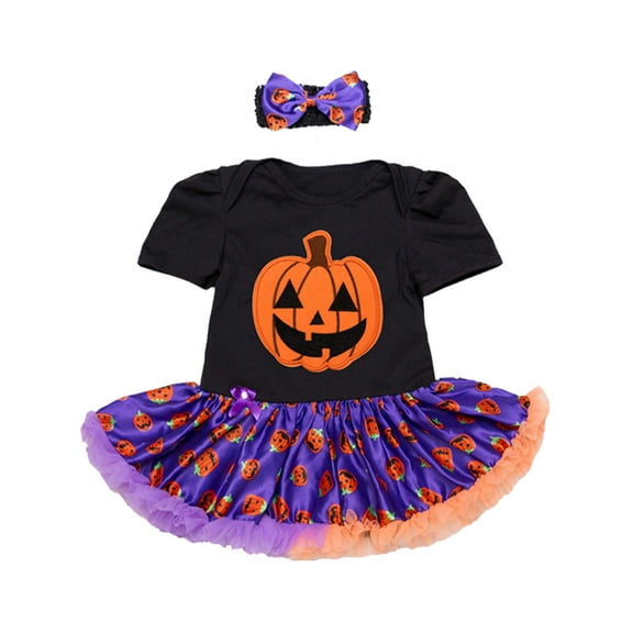 StylesILove Infant Baby Girl Halloween Short Sleeve Cotton Romper Tutu Party Dress and Headband 2 pcs Outfit Set (L/6-12 Months, Purple Pumpkin Skirt)