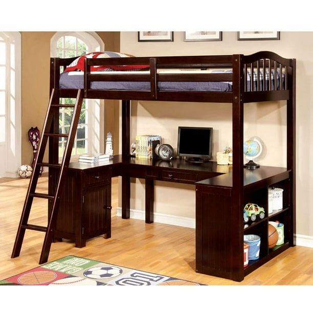 Multi Functional Wooden Loft Bed With Guard Rails And Lower Work Station Storage Shelves Com Multi Functional Wooden Loft Bed With, Loft Bunk Bed With Storage And Working Station