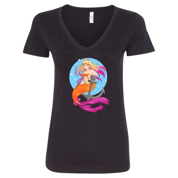 Inktastic Nautical Orange and Pink Mermaid Sitting on Anchor Women's V-Neck T-Shirt