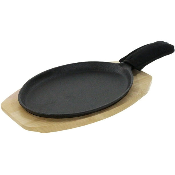 Heavy Duty Cast iron Pre Seasoned 10" Fajita Pan Skillet Wood Trivet