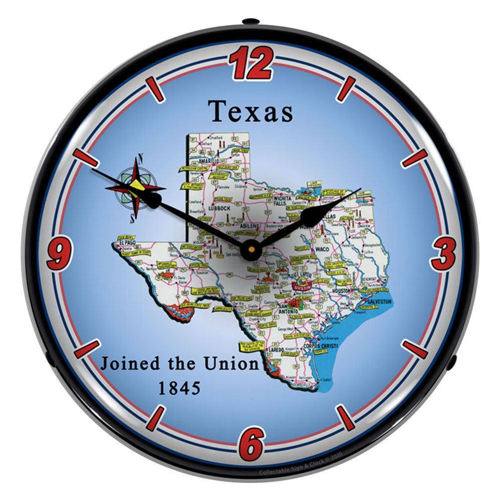 State of Texas LED Wall Clock, Retro/Vintage, Lighted, 14 inch