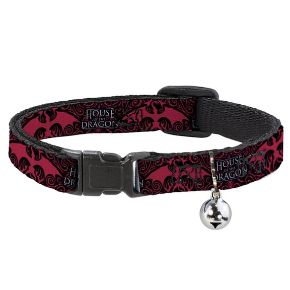 House of the Dragon Breakaway Cat Collar With Bell, Plastic Clip, Easy Adjustable, House of the Dragon with Dragon Icon Black Red White, 8.5 to 12 Inches 0.5 Inch Wide