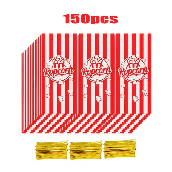 150 Pcs Plastic Popcorn Bags with Ties Carnival Party Goodie Candy Bags Movie Night Servings Popcorn Bag Bulk Red White Stripe Popcorn Container for Xmas Movie Night Party