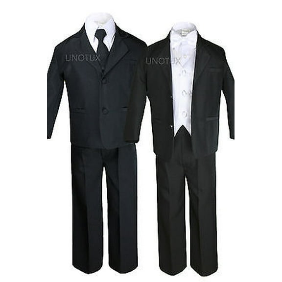 White Vest Bow Tie Boy Kid Teen Formal Wedding Party Black 5pc Suit Tuxedo S-20