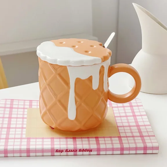 1pc 400ML Biscuit Pattern Coffee Mug with Lid And Spoon Ceramic Coffee Cups Cute Kawaii Water Cup Summer Winter Drinkware Gifts (301-400ml,Orange)