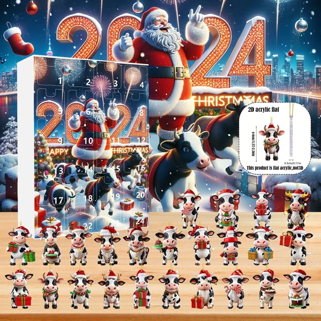Xihbxyly Calendario de Adviento de Navidad 2024, Adorables Figuras de Vaca, Colgante con Cuenta Regresiva de 24 Días, Divertidos Adornos de Vaca, Caja de Cuenta Regresiva Navideña, Regalo Sorpresa de