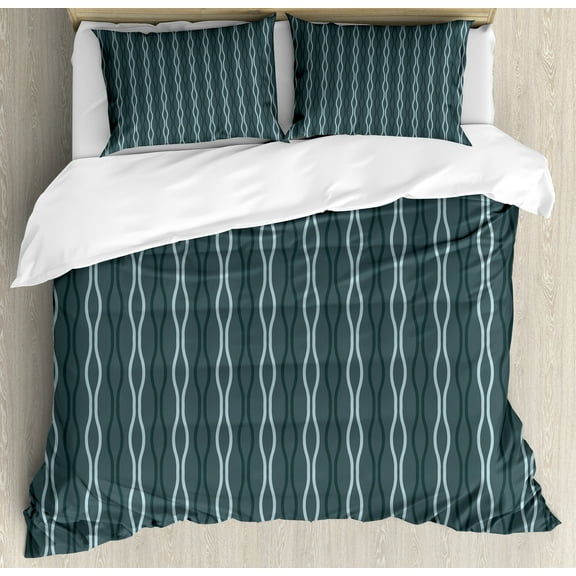 Blue Duvet Cover Set, Ocean Under the Sea Wave Lines Zebra Inspired Stipes Image, Decorative 3 Piece Bedding Set with 2 Pillow Shams, Queen Size, Almond Green Slate Blue, by Ambesonne