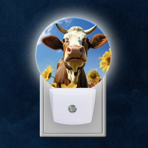 Night Light Plug into Wall,Dusk to Dawn Sensor Auto-On/Off for Bathroom, Hallway,Kids Room-Cute Brown And White Cow Looking At The Camera With Eyes