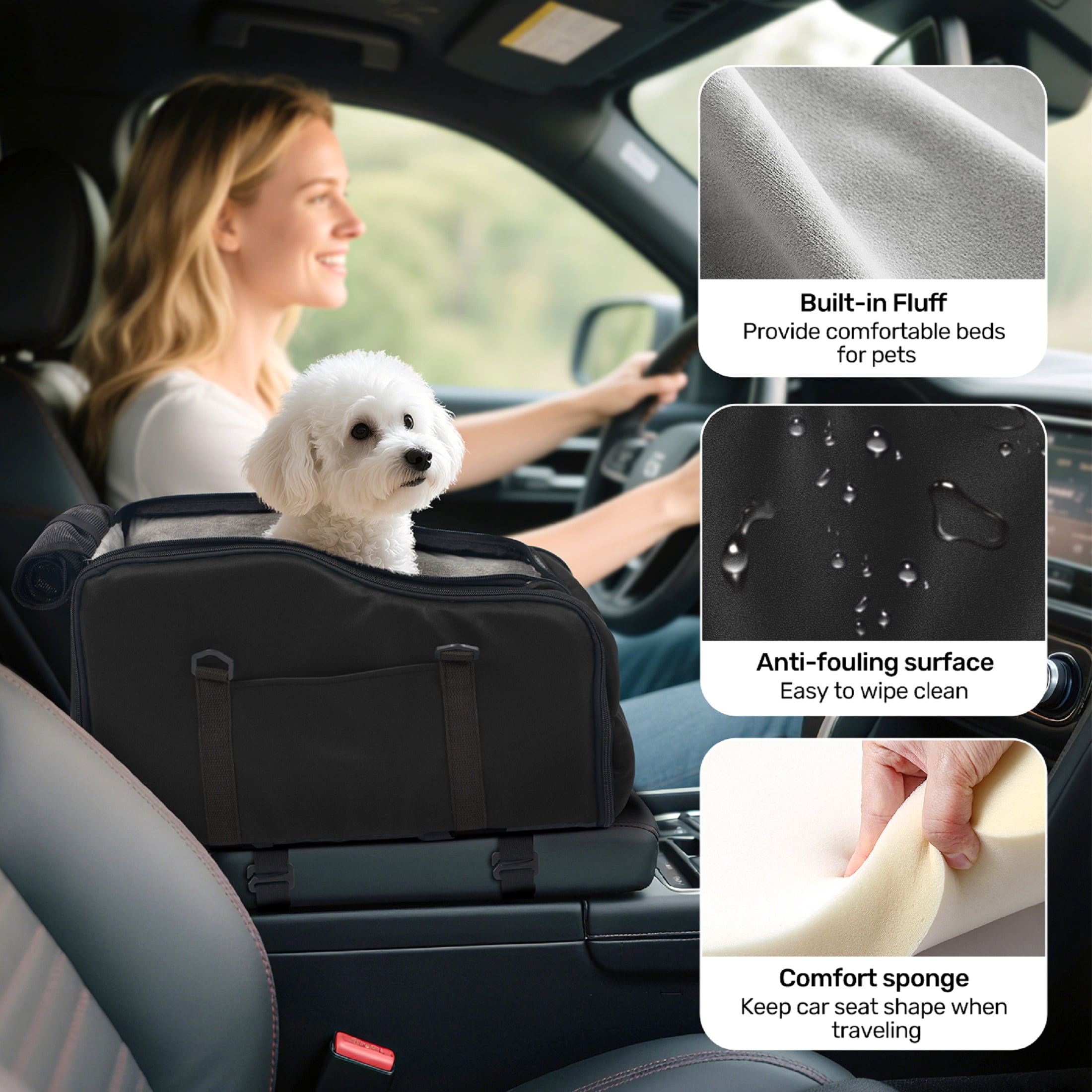 Pet Booster Seat For Cars, Dog Car Carrier With Safety Harness, Portable Travel Vehicle Pet Bed for Small Dogs, Cats Easy-Clean & Sturdy Construction, Black