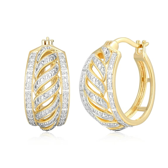 Forever Facets Diamond Accent Open Relief Hoop Earrings in 18k Yellow Gold over Bronze, Adult Female