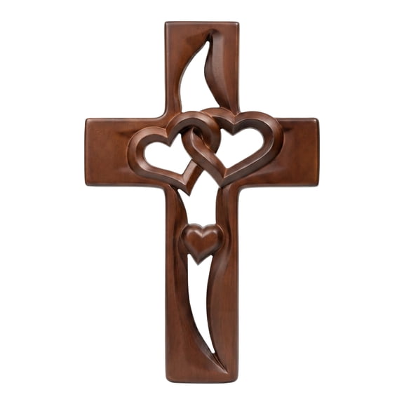 HUO Songmiao Hand Carved Wooden Marriage Wall Cross with Intertwined Hearts Art Prints