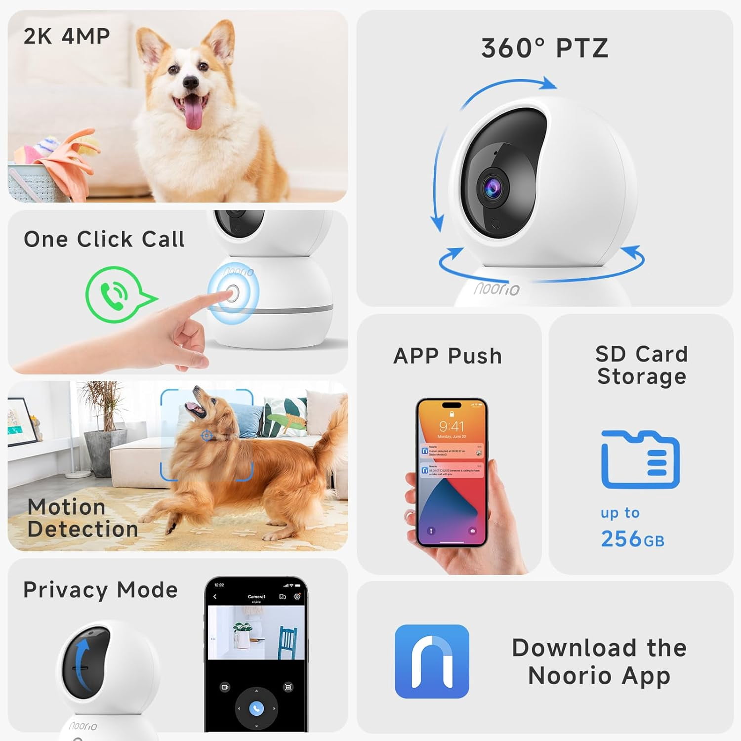 Noorio 2K Wired Security Camera Indoor, Pan/Tilt Pet Camera with Speaker, One Touch Call Dog Cam, Plug-in 24/7 SD&Cloud Storage, Night Vision, 2.4G WiFi Only, 2Pcs