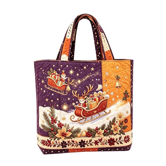 Christmas Quilted Tote Bag Large Reusable Santa Sleigh Holiday Shopper Festive Shoulder Bag - 14.96 x 13.78 Inch