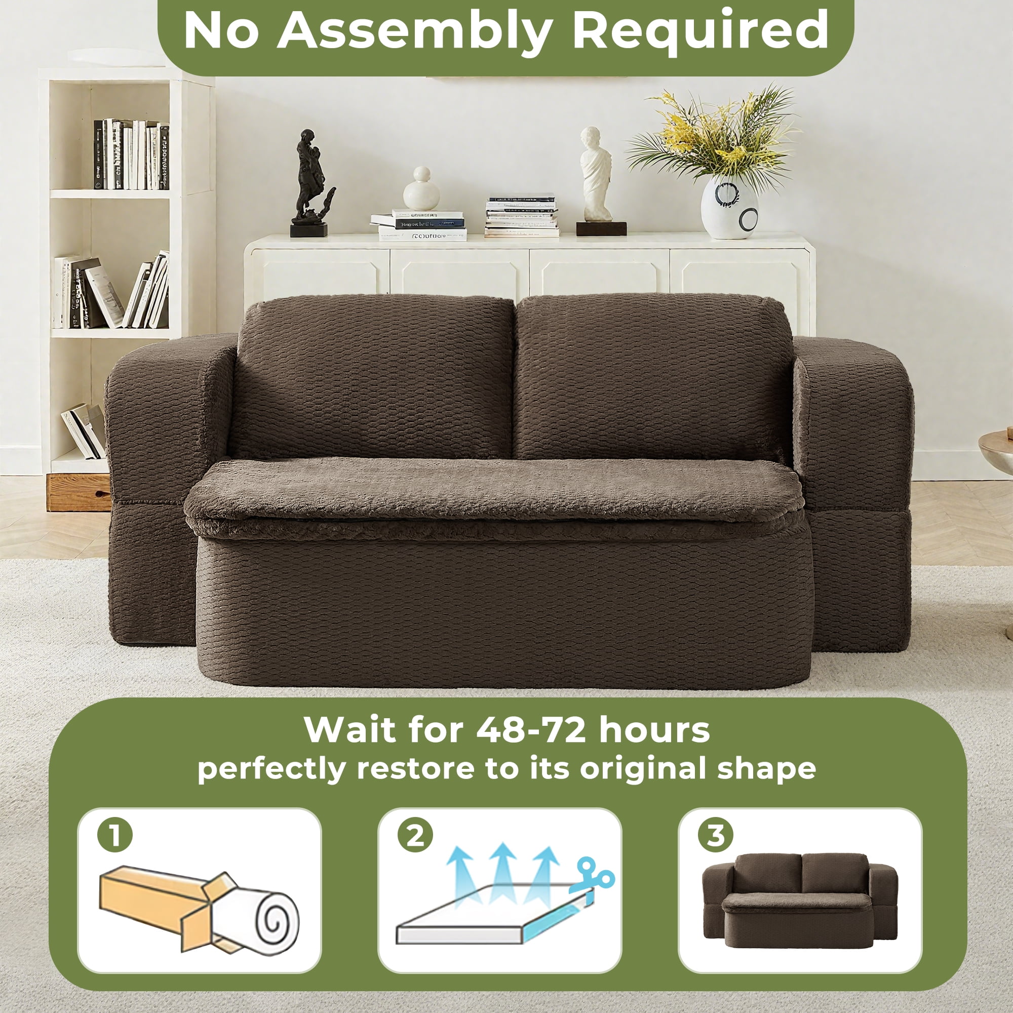 74.8" Convertible Sofa Bed, Compression Loveseat Sleeper, Foldable Sleeper Sofa with Armrest and Pillows for Living Room and Apartment, Dark Brown
