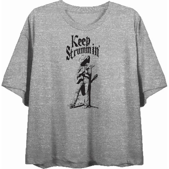 Keep Strummin' Cowboy Americana Women's Heather Gray Crew Neck Short Sleeve Crop Top-Medium