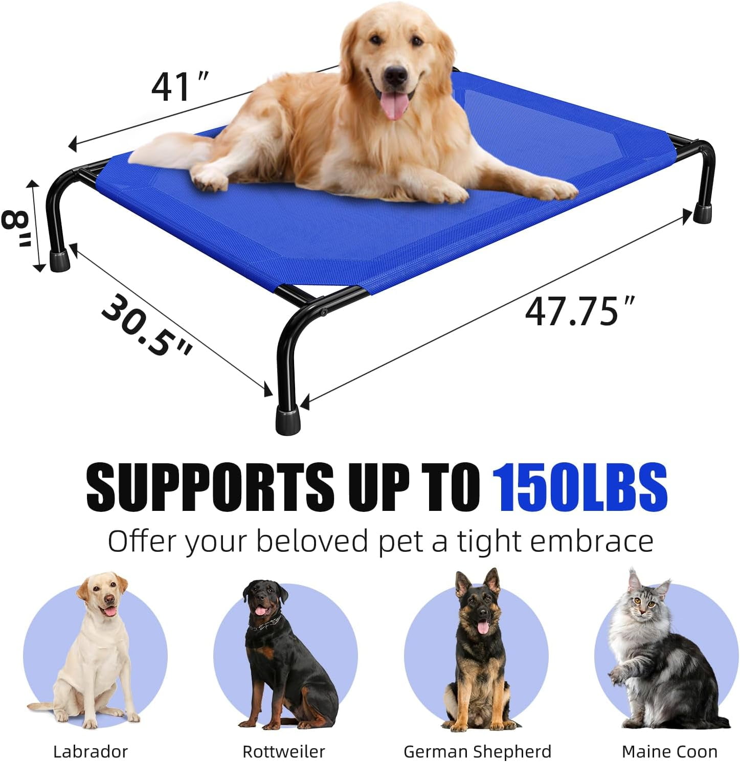 General Raised Dog Bed for Large Dogs, Waterproof XL Dog Cot, Outdoor Cooling Elevated Pet Bed, 47.75" x 30.5", Blue