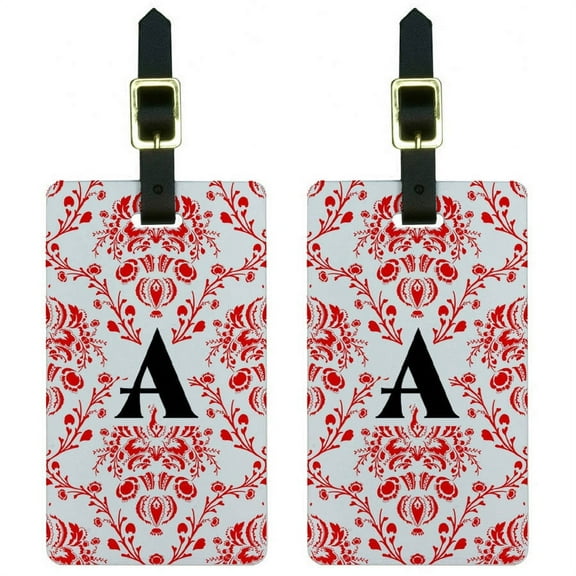 Letter A Initial Damask Elegant Red Black White Luggage Tags ID, Set of 2