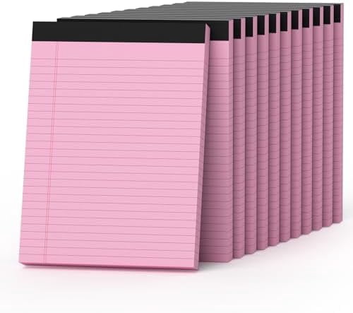 Pink Legal Pads 8.5 x 11 Notepads Wide Ruled, 12 Pack Pink Note Pads 8.5 x 11 Pink Paper, Legal Size Paper, 30 Sheet/Notepad, Lined Paper with Sturdy White Back, Writing Pads for Study, Office, Home
