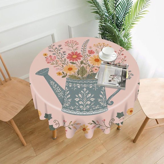 RKSupls 60 Inch Round Tablecloth, Floral Watering Can Premium Polyester Straight Edge Wrinkle Resistant Washable Table Cover for Party Home Dining Decor