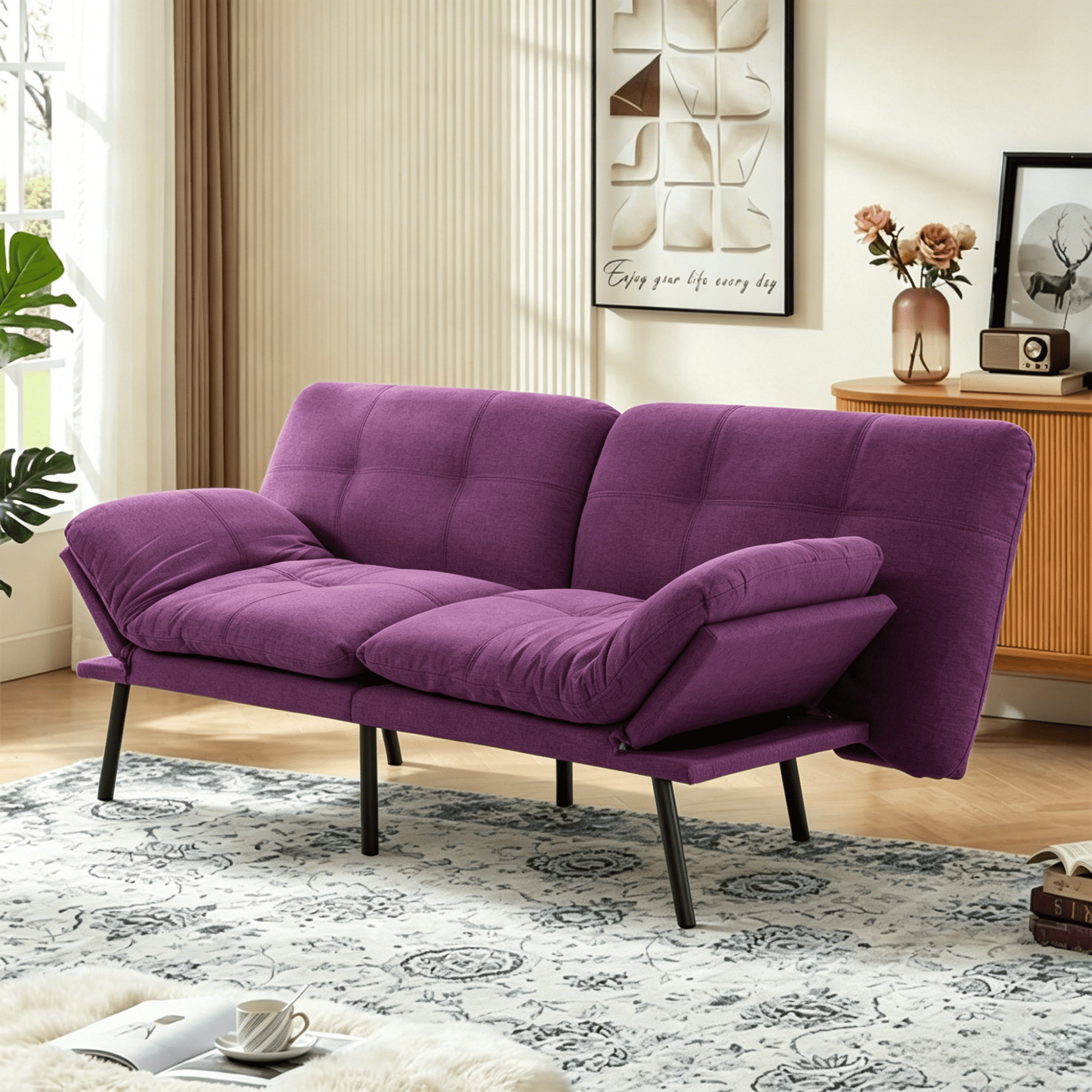 Gewnee 70.87"Linen Futon Sofa Bed,Convertible Folding Sleeper Sofa with Adjustable Backrest and Armrests,Comfy Sofa Couch for Small Spaces,Office.Purple