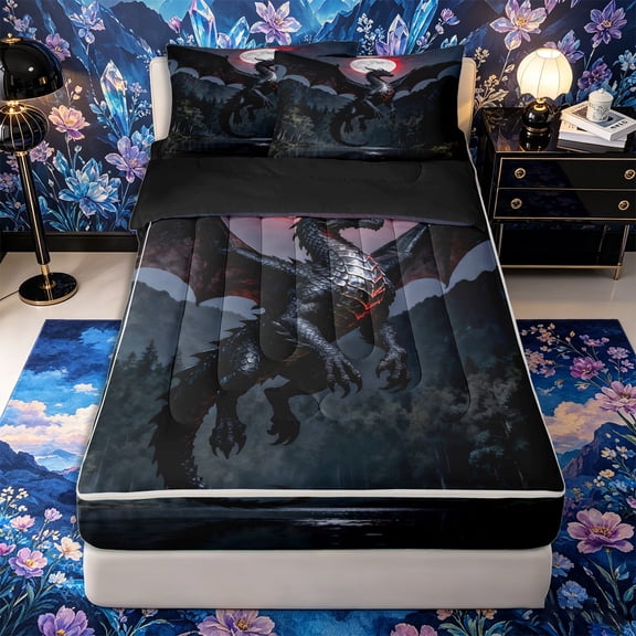 Metsweet Dark Dragon Zipper Twin Comforter Sets with Fitted Sheet and 2 Pillowcases, Gothic Animal Zipper Bedding Set, Black Red Gray,4-Piece,Black Reversible