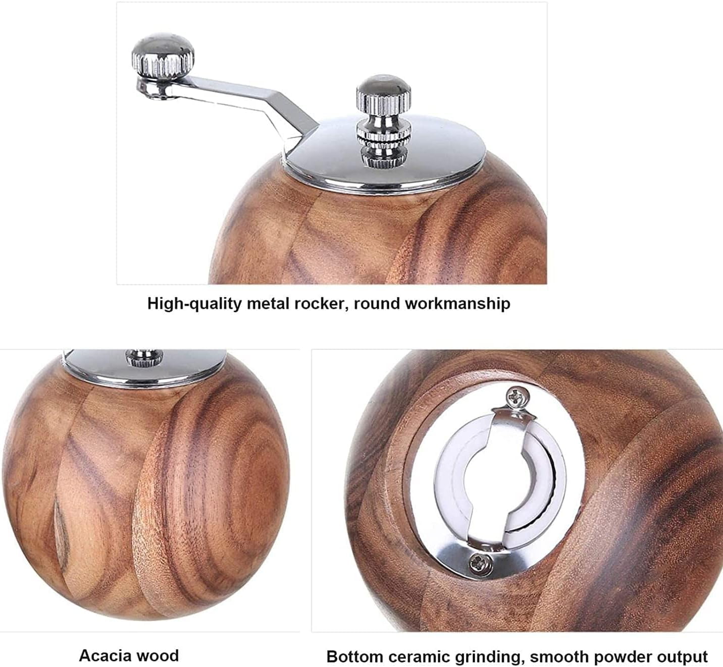 Salt Pepper Grinder, Manual Salt And Pepper Mill Wooden Refillable Ceramic Grinding Cores