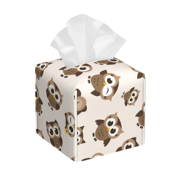 Leather Tissue Box Cover Square - Cute Brown Owl Waterproof Tissue Box Holder Paper Case Organizer Dispenser for Modern Home Office Room Home Bathroom Decor