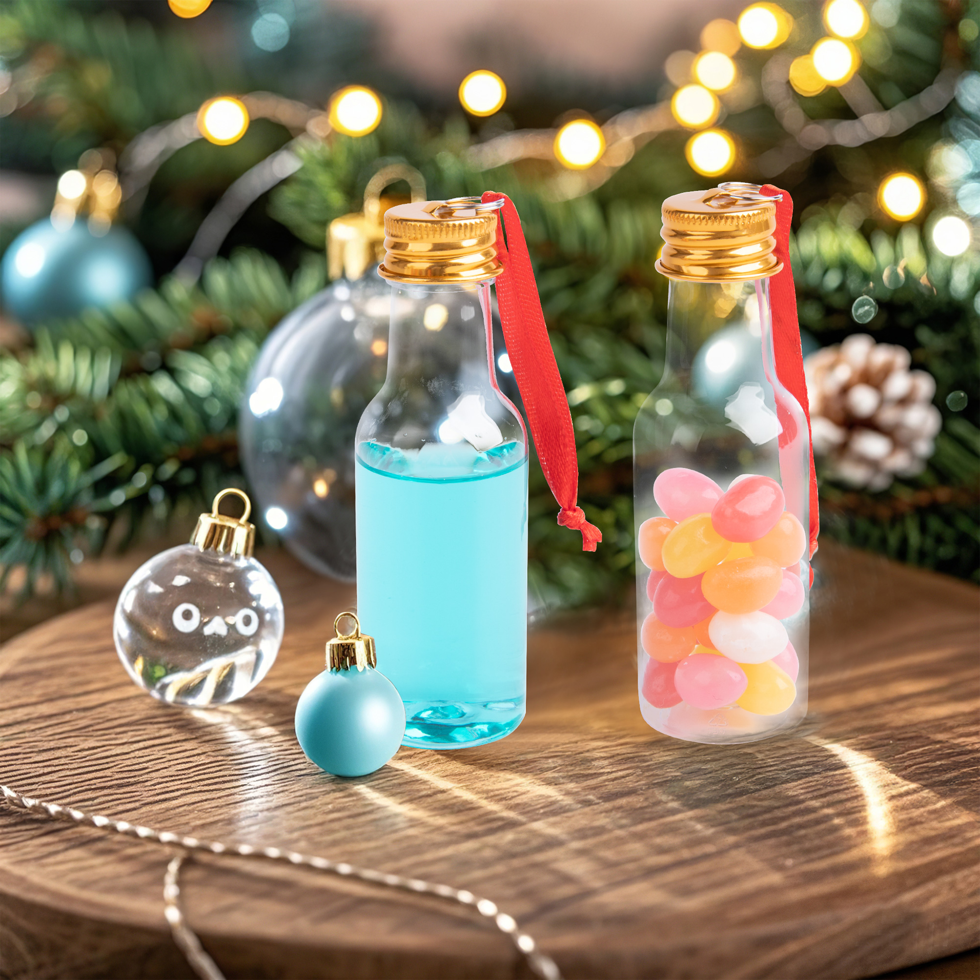 Fillable Christmas Ornament Drink Balls, 50ml Reusable Plastic Bottle-Shape Baubles, 6-Piece Set for Tree Hanging and White Elephant Gifts