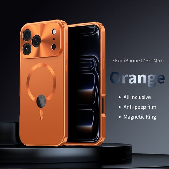 TECH CIRCLE for iPhone 17 Pro Max Hard PC Case Magnetic Metal Edge Full Body Drop Protection,Compatible with MagSafe,Rugged Built-in Privacy Screen Protector Logo View Shockproof Cover,Orange