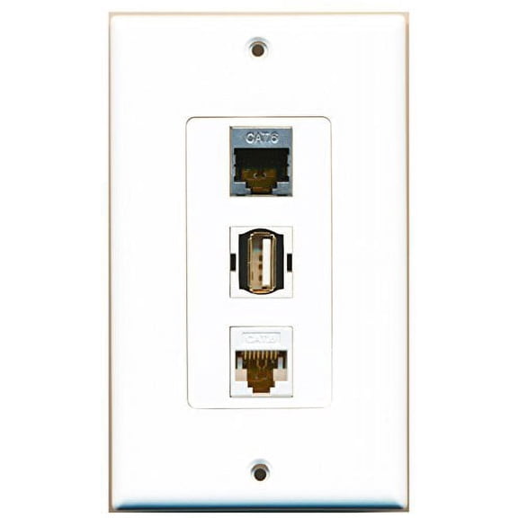 RiteAV - 1 Port USB A-A and 1 Port Shielded Cat6 Ethernet and 1 Port Cat6 Ethernet White Decorative Wall Plate Decorative