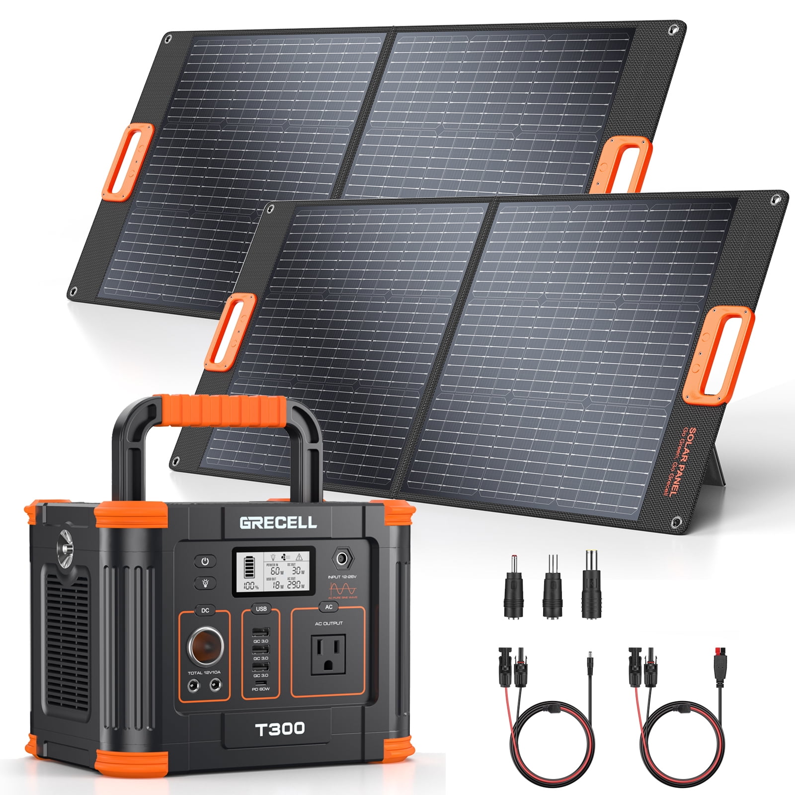 GRECELL 300W Portable Power Station with 2X 100W Solar Panel Included, 266Wh(600W Surge) Solar Generator with AC Outlet USB Port, Solar Powered Generator for Outdoor Camping, Home Emergencies
