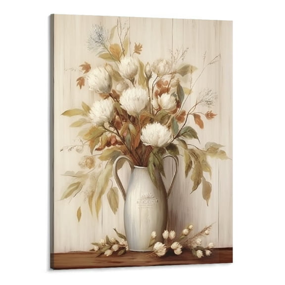 Shiartex Cotton Flowers Wall Art for Farmhouse Bedroom Decor Cotton Bouquet Pictures Wall Decor Cotton Wall Art Canvas White Cotton Floral in Rustic Vase Painting Botanical Wall Decor 16x20 Inch