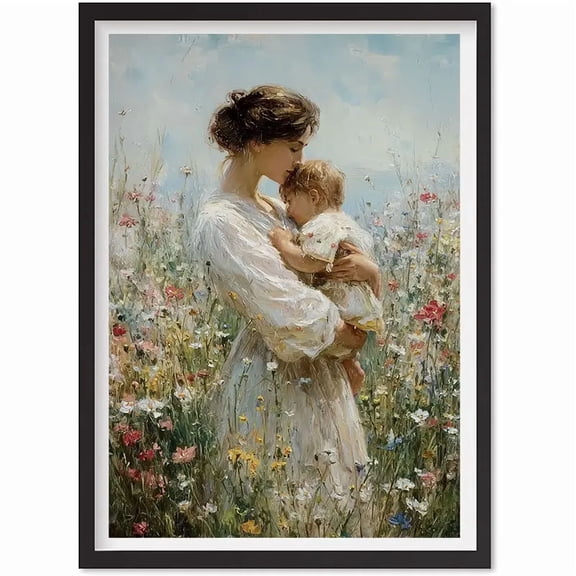Mother And Child Print: Impressionist Wildflower Field Art, Matte Canvas Stretched, Posters for Room Bedroom Living Room Bathroom Wall Decor, Posters & Art Prints, Gift.