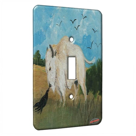 - KuzmarK™ Single Gang Toggle Switch Wall Plate - White Buffalo Speaks with Raven Wildlife Art by Denise Every