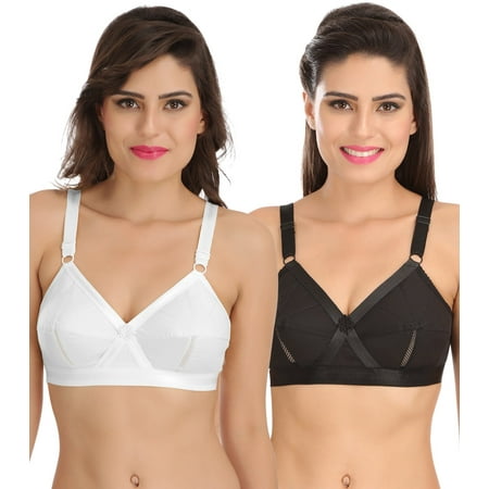 

Ossirrio Women Everyday Comfort Full Cup Bra Non Wired Plus Size Cotton Bra Pack of 2 White and Black