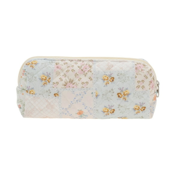 Unique Bargains 1 Pc Portable Floral Handheld Quilting Makeup Bag White Blue Cotton Fabric